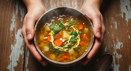 Hands holding a steaming bowl of soup
