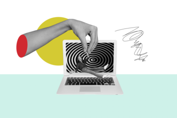 Composite photo collage of hand carry happy silly old woman laptop media addiction brainwash hypnosis scam isolated on painted background