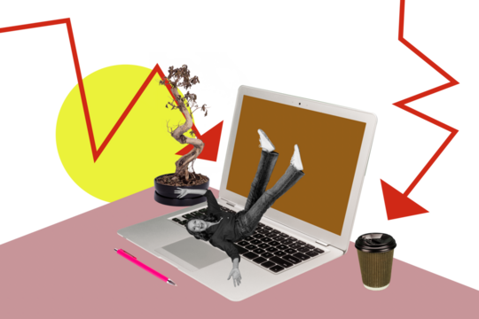 Composite photo collage of old woman business problem fall arrow laptop workplace economy decline recession isolated on painted background