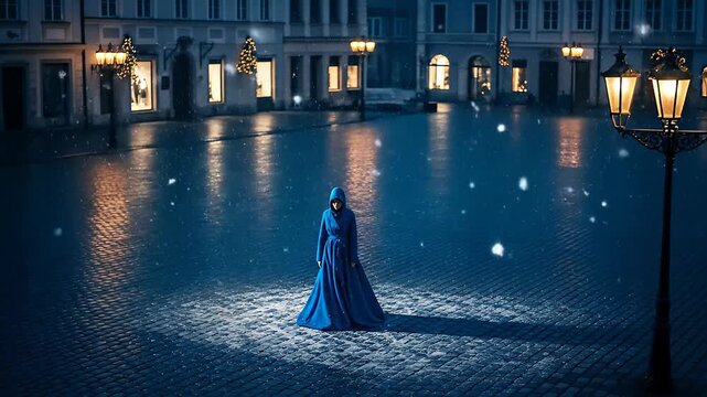 Woman in blue coat walking alone through rainy city square at night with glowing street lamps