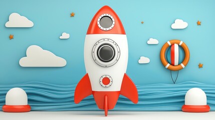 Colorful 3D Rocket Ship Surrounded by Clouds and Ocean Waves in a Playful Room Setting