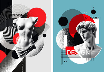 Stylish posters with halftone newspaper antique statues and geometric shapes