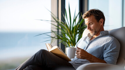 Relaxed man reading book and drinking coffee in a bright modern living room with natural light.