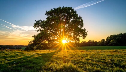 A sun-drenched oak tree silhouette, its leaves framing the radiant sunset. The foreground shows lush grass