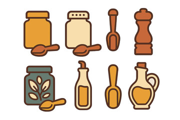 Stylized set of kitchen seasoning containers, spice jars, oil bottles, pepper grinder, and measuring scoops