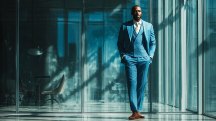 Man in stylish blue suit walks through modern office illuminated by daylight through glass walls.

