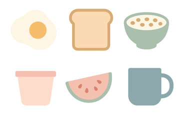 Minimalist breakfast and healthy food items in soft pastel colors on white background