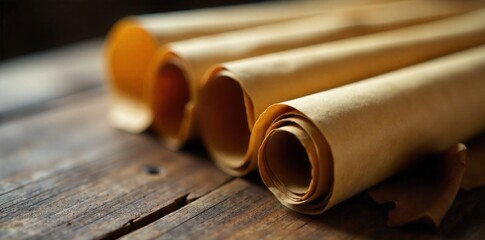 Aged parchment scrolls tied with twine on a weathered wooden desk, bathed in soft, natural light. Close up, overhead view of several rolled, aged parchment scrolls tied with rough twine. The scrolls