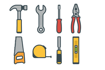 Essential construction and repair hand tools set including hammer wrench saw and level