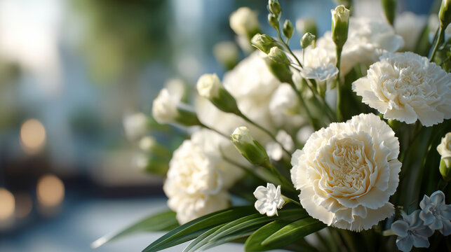 Close up of delicate funeral bouquet with soft white carnations and buds, perfect for expressing sympathy or love.