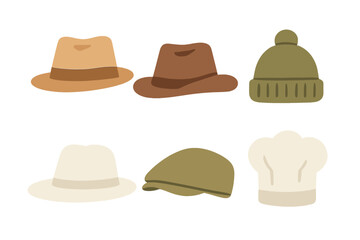 Collection of six different hats and caps including fedora, beanie, toque, and flat cap
