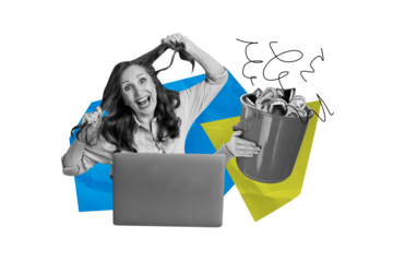 Composite photo collage of tired old woman tear hair scream workload bucket headless parts ear mouth noise isolated on painted background