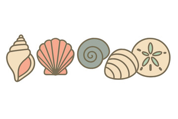 Stylized collection of different seashells and a sand dollar in soft pastel colors
