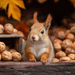 Obraz premium Portrait of an adorable Eurasian red squirrel with its autumn harvest of walnuts