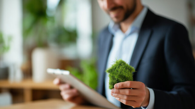 Energy efficiency improvement crop below eyes background softly defocused eco friendly homes businessman assessing energy rating green building energy performance with copy - Powered by Adobe