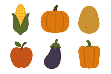 Six colorful autumn harvest fruits and vegetables icons set on white background