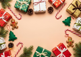 Festive christmas holiday gifts pine cones candy canes and greenery arrange top down view
