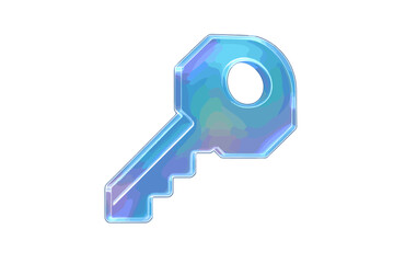 Holographic iridescent security key symbol with glossy glass effect on white background