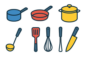 Vibrant collection of essential kitchen cooking utensils and equipment set