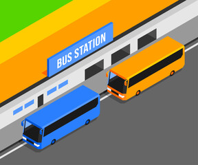 isometric 2 buses that are parked at the bus station. building station public transport tourists and ticket office