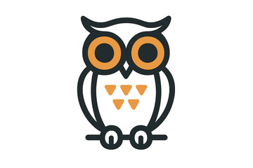 Stylized minimalist owl icon with large orange eyes perched on a tree branch