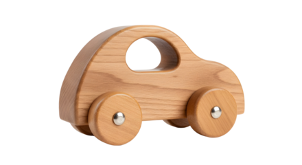 Simple classic natural wooden toy car craft for kids design and education concept isolated PNG with Transparent Background