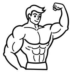 Cartoon illustration of a muscular man flexing his bicep showing off his strong physique and healthy lifestyle