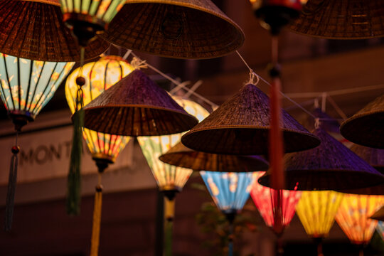 Chinese Paper Lanterns in Cozy Interior at Night