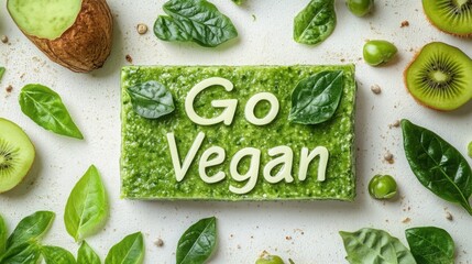 A green cake with text and fruits around it on the table