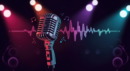 Retro microphone displays sound waves and music notes on stage.