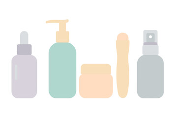 Minimalist set of beauty and skincare product containers in soft pastel colors