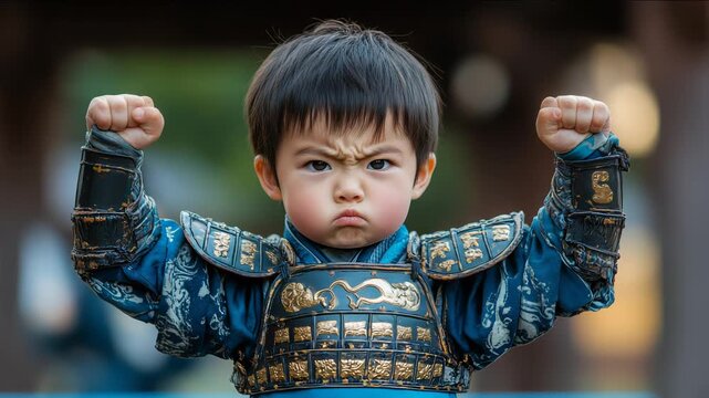 Fierce Toddler Warrior in Traditional Armor Costume on Bright Blue Background