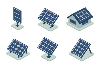 Isometric solar energy installation set featuring photovoltaic panels, ground mounts, and residential rooftop system © icon_art