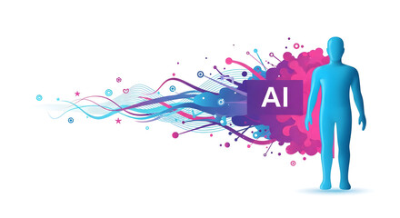 AI powering connection and communication, visualizing the future of technology with vibrant messaging icons and a human figure in a digital network on isolated white background.