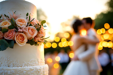 Romantic wedding celebration with elegant cake and newlyweds at sunset