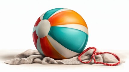 Colorful Beach Ball with Red Lifeguard Whistle on Sand Surface