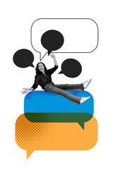 Vertical photo collage of happy old woman lay text box notification conversation bubble speech isolated on painted background