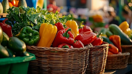 Colorful Bell Peppers and Leafy Greens in Wicker Baskets at a Sunny Outdoor Market