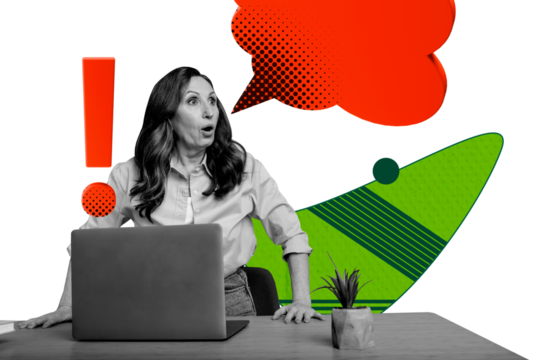 Creative collage mature businesswoman office worker exclamation mark attention textbox speech say talk drawing background - Powered by Adobe