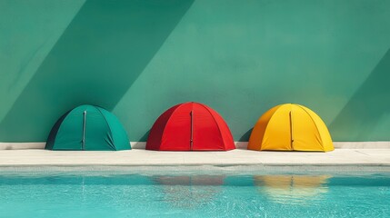 Colorful Beach Tents by a Swimming Pool with Green Wall and Sunlight Shadows