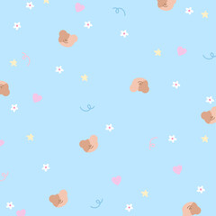 Cute pattern of teddy bear, flowers, hearts on pastel blue background for animal print, wallpaper, backdrop, gift wrap, packaging, souvenir shop, summer fabric, pet clothes, paper design, card print