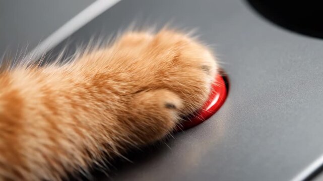 Close-up video of a ginger cat paw pressing a red button on a gray device.