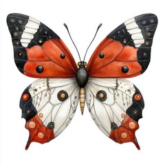 Colorful Butterfly with Black White and Orange Wings on a White Background