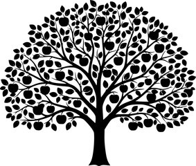 Fototapeta premium Apple tree silhouette. This image shows a black silhouette of an apple tree with multiple apples, branches, and detailed foliage. Vector clipart illustration design