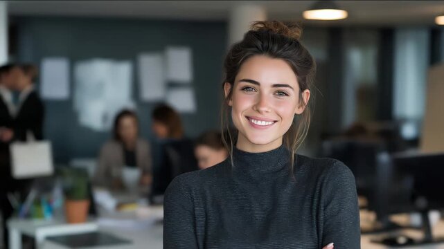 Smiling businesswoman posing in a bright modern office with ample copy space