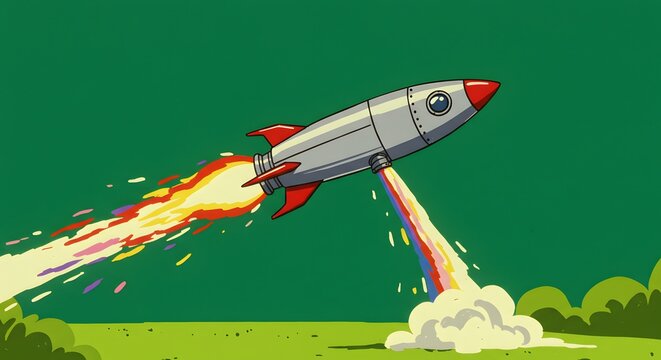 Cartoon rocket ship blasting off with rainbow exhaust against green background