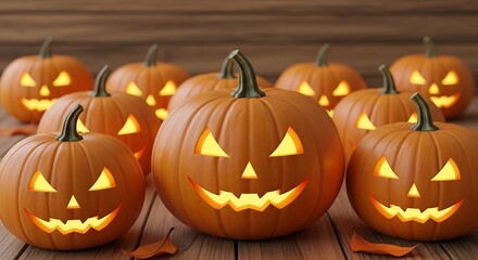 Halloween jack-o'-lanterns on wooden planks