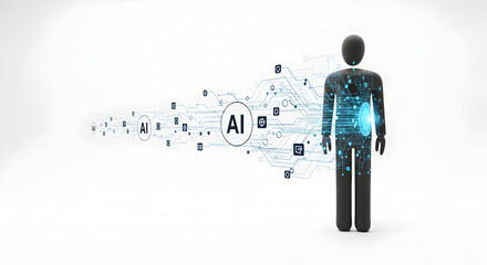 Modern AI integration with faceless businessman for future tech solutions and innovation, embodying business automation and dynamic digital transformation on isolated white background.