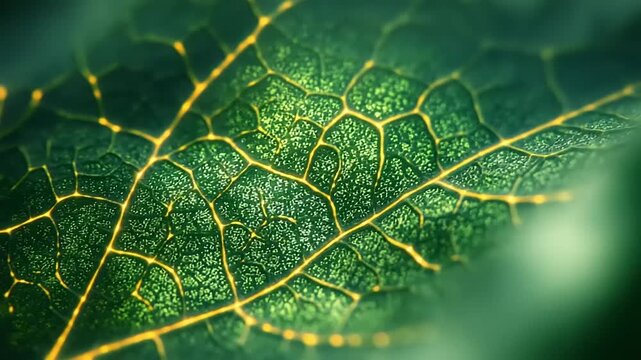 Close-up Macro View of a Vibrant Green Leaf Vein Network Illuminated by Golden Light.