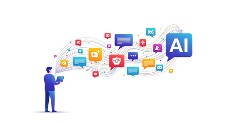 AI powering connection and communication, visualizing the future of technology with vibrant messaging icons and a human figure in a digital network on isolated white background.